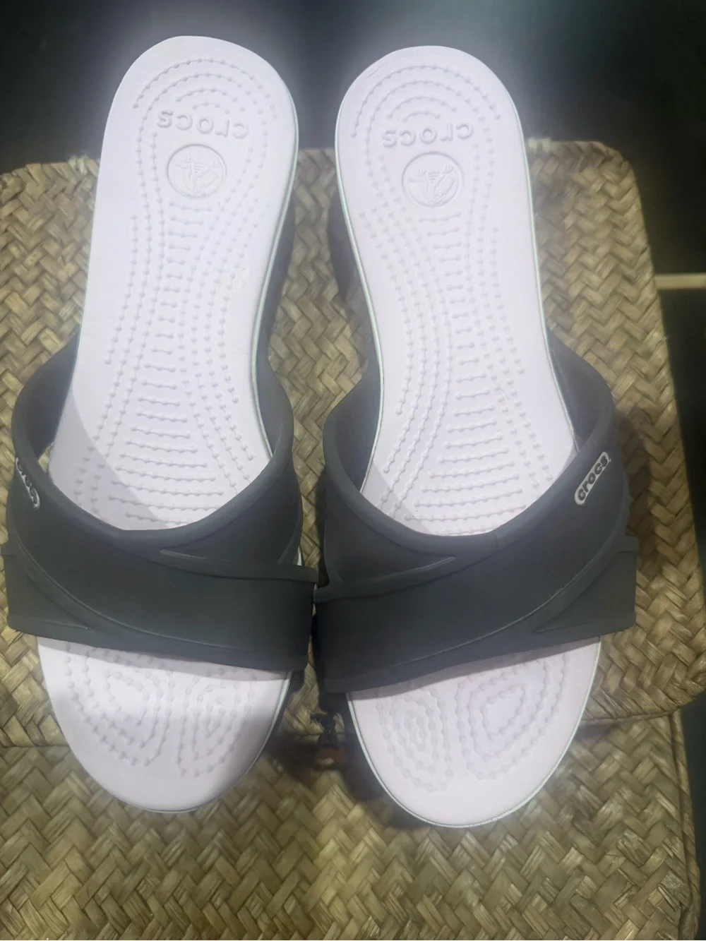 CROCS Women's Slide Sandals in Black Straps and Light Pink Footbed